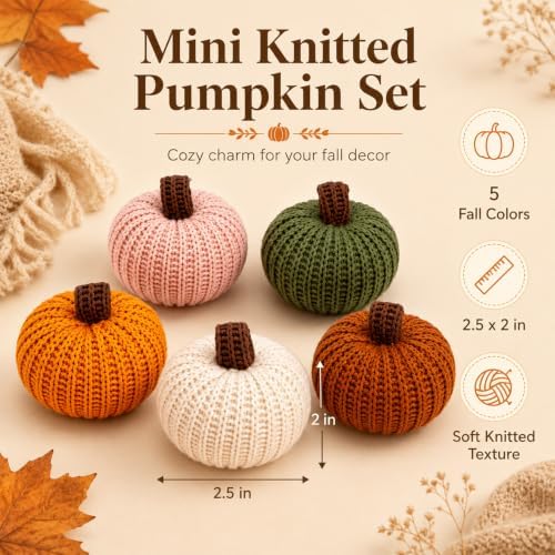 RAINFLOW Mini Knitted Pumpkin Cozy Set of 5 Knit Pumpkins for Fall Decor - Image 2