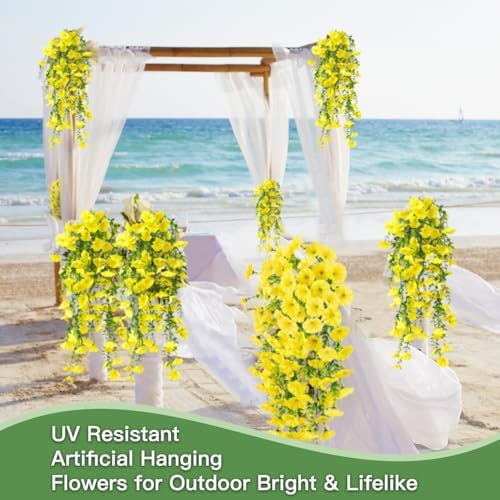 Artificial Flowers for Outdoors Fake Morning Glory Hanging Flower Decoration, 6 Pcs Realistic Faux Plants Petunias Trailing Vines, Spring Summer Decor for Porch Patio Balcony Planter Yard(Yellow) - Image 5