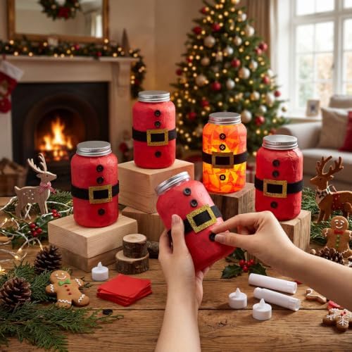 Qinyoung 12 Pcs Santa Belt Crafts Mason Jars Tissue Paper Crafts with LED Candle Light DIY Suncatchers Decoration Make Your Own Christmas Glittering Santa Jars Supply for Winter Xmas Home Art Activity - Image 3