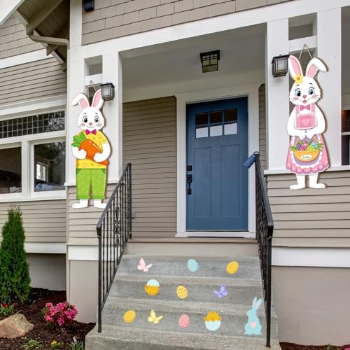 Shellwei 2 Pcs Easter Bunny Door Decor, Wood Rabbit Welcome Sign Home - Image 4