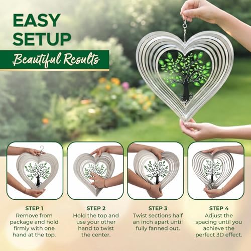 ISEO Silver Heart Wind Spinner Outdoor, 12 Inch Tree of Life Hanging Garden Decor, 3D Metal Yard Art for Porch Patio Balcony, Gift for Women Mom Grandma - Image 6
