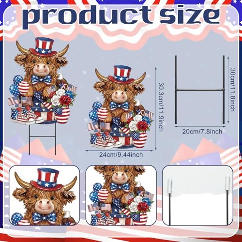 Amyhill 4th of July Highland Cow Metal Garden Stakes Patriotic American Flag Red White Blue Outdoor Yard Decorations with Stakes Independence Day Decor Sign for Home Lawn Porch Backyard Holiday Decor - Image 3
