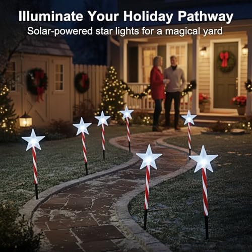 Solar Christmas Pathway Lights - 5 Designs (Star, Snowflake, Santa, Bell), Auto On/Off, Waterproof Warm White LED Color Stake Lights for Garden Yard Holiday Party Décor (Star) - Image 2