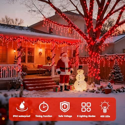 JMEXSUSS 400 LED Red Icicle Christmas Lights Outdoor - Image 2