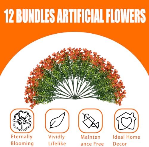 12 Bundles Artificial Flowers for Spring Summer Outdoor Decoration Fake Flowers uv Resistant Artificial Outside Flowers Faux Greenery for Porch Garden Home Patio Valentine's Day Decor (Orange) - Image 6