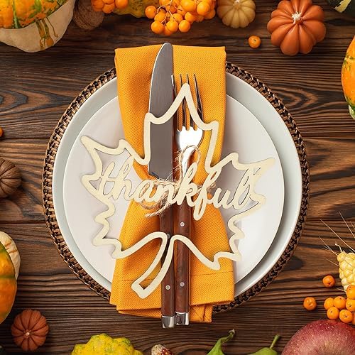 12 Pcs Thanksgiving Maple Leaf Pumpkin Wooden Plate Decor Grateful Wood Cutouts Fall Autumn Thankful Blessed Favour Gather Party Place Card Table Settings Signs for Farmhouse Dining Table by Sophena