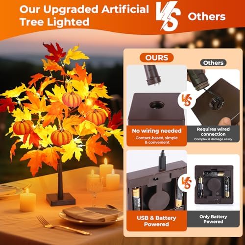Fall Décor 2 Pack 24 Inch Fall Maple Tree with 48 LEDs Battery Operated Fall Lights with 8 PCS Pumpkin Wooden Hanging Ornaments Artificial Tree for Fall Thanksgiving Home Table Decorations - Image 3