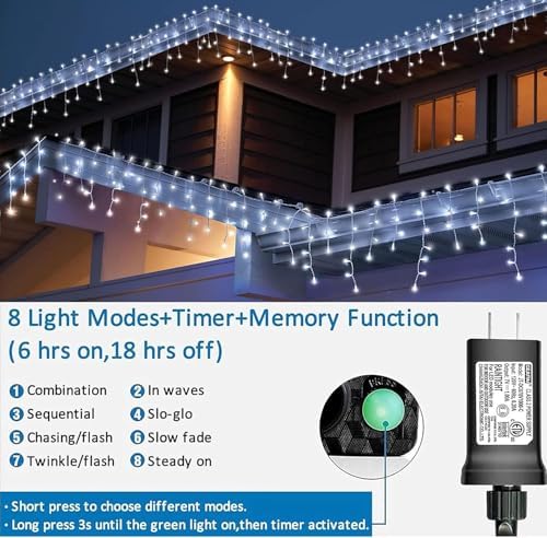 YEGUO 66ft 800 LED Icicle Lights Outdoor Waterproof, 160 Drops Icicle Christmas Light Connectable, 8 Modes White Icicle Xmas Lights with Timer Memory - Image 2