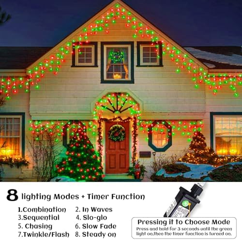33ft Icicle Lights for Outside, Red and Green Christmas Lights Outdoor Indoor, 400 LED Twinkle String Lights with 75 Drops, Clear Wire Short Curtain Lights for Thanksgiving Room Home Wall Bedroom - Image 6