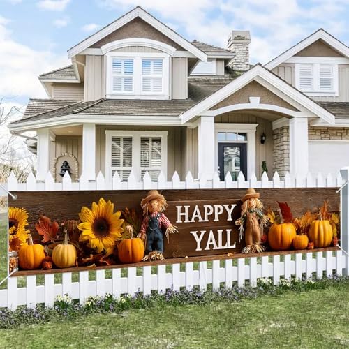 BlissYard Happy Y'all Decorations Banner Fall Outdoor Porch sign Scarecrows Pumpkins Sunflowers Leaves for Indoor Outdoor Garden Fence Banner Party Supplies 118x20 Inch Polyester Fabric - Image 4