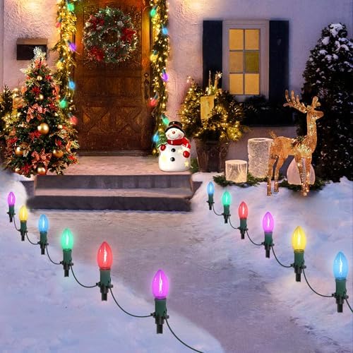 USOKYO 30Ft C9 Led Christmas Pathway Lights Outdoor, 20 Multicolor Bulbs Waterproof Connectable Christmas Walkway Lights with Stakes for Yard Lawn Sidewalk Driveway Decorations by USOKYO