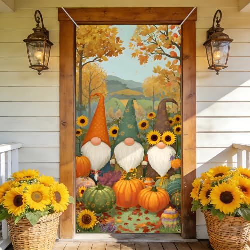 NYZE Fall Gnomes Door Cover, Autumn Pumpkin Sunflower Door Banner, Fall Harvest Orange Leaves Door Cover for Porch Indoor Outdoor Door Decor by GIVEYOUTHEBEST