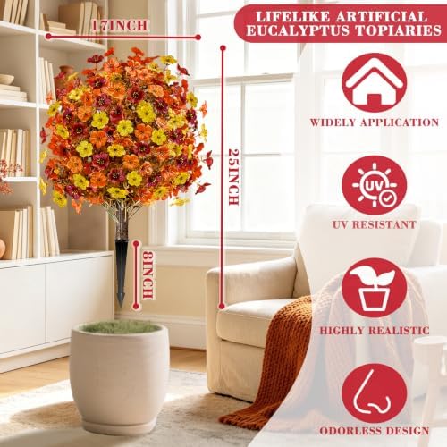 2PCS Fall Artificial Topiary Ball Flowers Mums Plants Tree UV Resistant 25" - Image 3