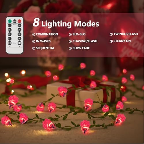 suddus 12.5FT Pink Rose Flower String Lights Battery Powered with Remote - Image 2