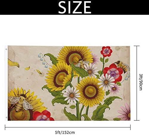 Yekiua Honey Bees Wildflowers Flag 3X5 Ft Outdoor Retro Sunflowers Daisy Rose Floral Garden Autumn Fall Premium Strongest Longest Lasting Flag Vivid Color With Brass Grommets Colorful - Image 2