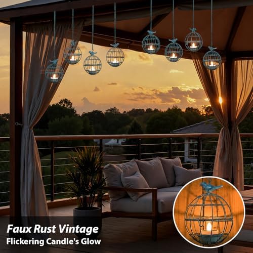 Outdoor Solar Hanging Lantern Lights, 4 Pack Rustic Ball Birdcage Hanging Candle Holder with Solar Tea Lights, Waterproof Chandelier for Tree, Pergola, Patio Decor (Vintage Blue) - Image 4