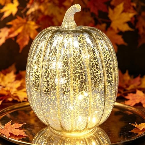 Fall Decorations for Home,Mercury Glass Pumpkin Lights with Timer(Silver) by CFDECORCandlesandHolders