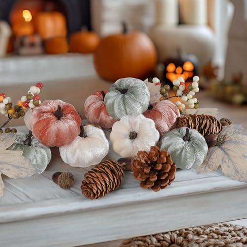 Artmag 25 PCS Pumpkin Decor Set, Artificial Fabric Pumpkins Decor with Acorns, Pinecones, Berries, Maple Leaves for Fall Halloween Thanksgiving Decorations Home Table - Image 4