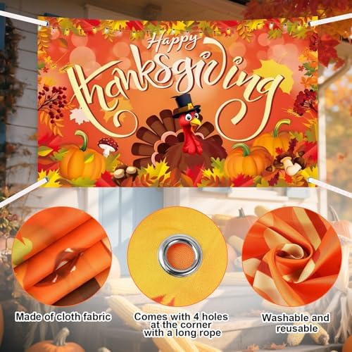 Large Happy Thanksgiving Banner Decorations - 72x44 Inch Thanksgiving Sign Outdoor with Turkey, Pumpkins and Maple Leaf for Yard, Porch, Home, Indoor Party Gifts & Photo Booth Backdrop - Image 3