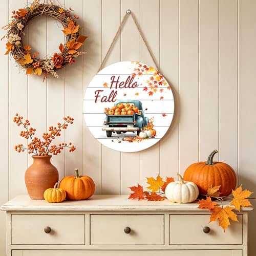 Hello Fall Wreath for Front Door Fall Truck Welcome Door Sign 12x12 Inch Autumn Maple Leaf Pumpkin Wood Door Hanger Farmhouse Thanksgiving Hanging Plaque for Home Porch Wall Indoor Outdoor Decorations - Image 6
