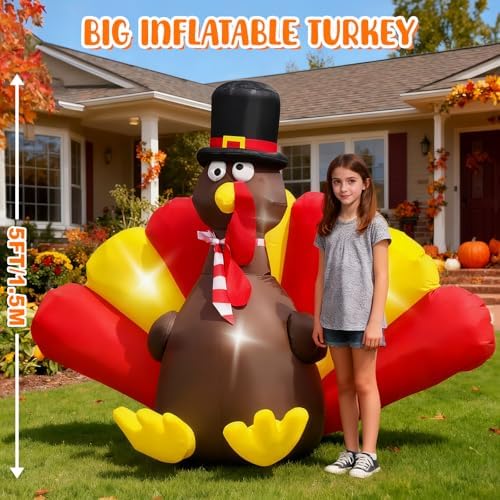 Thanksgiving Inflatables Turkey Outdoor, 5 FT Thanksgiving Blow Up Turkeys with LED Lights Built-in for Holiday, Party, Yard, Lawn, Garden, Outside - Image 2