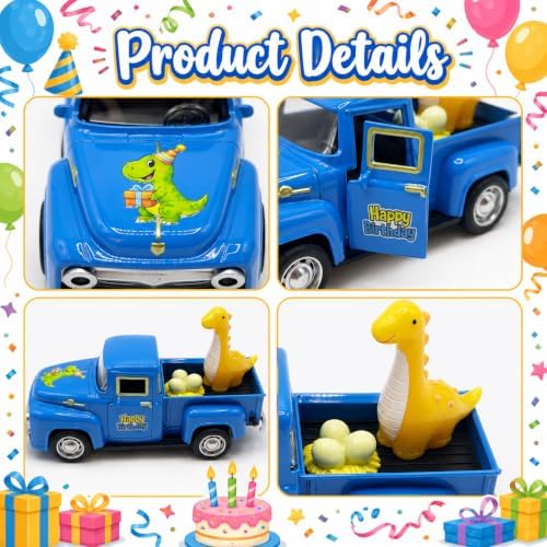 Mini Vintage Metal Birthday Truck with Dinosaur and Eggs, Blue Happy Birthday Pickup Truck Tabletop Decoration, Dinosaur Birthday Party Centerpiece and Decorative Gift for Boys and Dinosaur Fans - Image 4