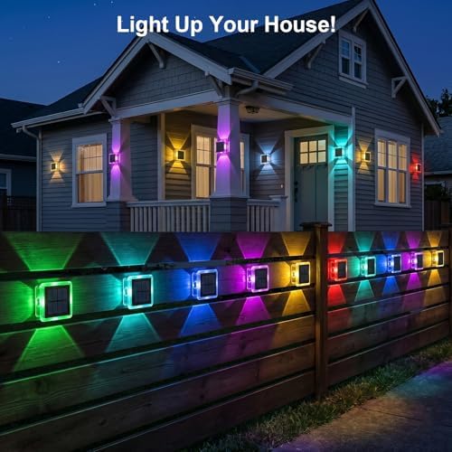 AUDLES Solar Fence Lights Outdoor, IP67 Waterproof 4-Sided Glow Solar Wall Lights, RGB 8 Modes Color Changing Solar Garden Light for Patio Pool Step Porch Yard-12 Pack - Image 6