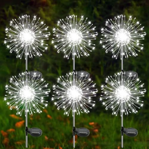 Solar Garden Lights Outdoor, 6 Pack 120 LED Twinkling Firework Lights Decorative with 2 Modes, Outdoor Waterproof Solar Starburst Light for Outside Yard Pathway Garden Decor, White by Yaafen