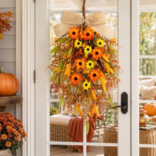 2 Pcs 24 inch Artificial Fall Swag Autumn Floral Teardrop Swags for Front Door Farmhouse Kitchen Cabinet Wreaths with Ribbon for Porch Wall Window Decor - Image 2