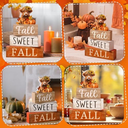 Moucuny 4 Pcs Fall Wooden Block Signs, Highland Cow Tiered Tray Farmhouse - Image 5