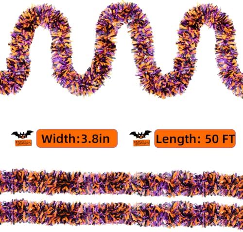50FT Halloween Garland Halloween Decorations Garlands- Shiny Tinsel Garland for Mantle, Tree, Stairs, Doorway, Party (Orange Purple Black) - Image 2
