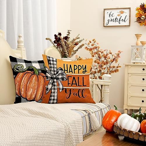 GEEORY Fall Pillow Covers 18 x 18 Inch Set of 4, Buffalo Bowknot Pumpkin Maple Leaf Decorative Throw Cushion Cases Farmhouse Thanksgiving Decor Indoor Decoration for Home Sofa Couch (Orange) 392-18 - Image 3