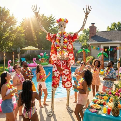 4 Pcs 12 Ft Skeleton Hawaiian Outfit Set Tropical Shirt Shorts Lei Headband - Image 3