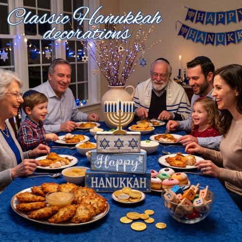 Lineshading 4 Pcs Hanukkah Decorations for Home Chanukah Table Decor Wooden Menorah Decoration Hanukkah Centerpiece Rustic Decorative Menorah Block Signs Gift Farmhouse Jewish New Year Decor for Home - Image 5