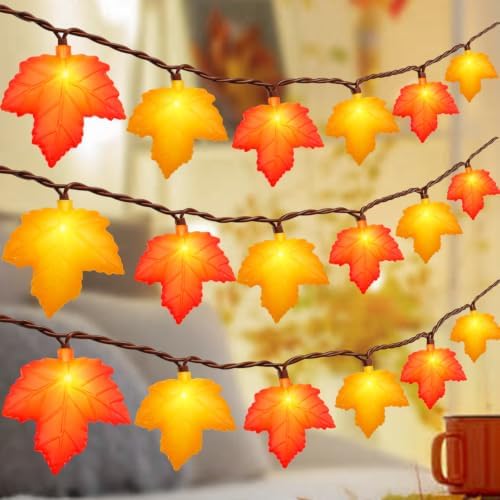 12 Ft Fall Thanksgiving Decor Maple Leaf Lights, Fall String Lights Plug In with 20 LED Orange Maple Leaf Light, Fall Leaves Light Indoor Outdoor for Home Fireplace Party Harvest Thanksgiving Decor by PASUTO