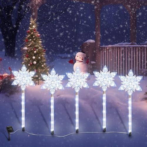 Snowflake Solar Christmas Pathway Lights, Set of 5 LED Outdoor Stake Lights, Waterproof Christmas Decorations for Garden, Yard, Lawn, Walkway, Patio Decor (5pcs Cold White) - Image 7