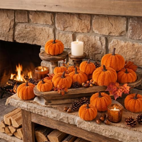 Weysat 24 Pcs Orange Velvet Pumpkins Fall Thanksgiving Decor, Assorted Size - Image 5