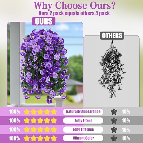 Sggvecsy Artificial Fake Hanging Flowers Plants Outdoor Outside Spring Summer Decoration 2PCS Faux Silk UV Resistant Morning Glory Trailing Vines for Home Porch Patio Balcony(Purple & Light Purple) - Image 4