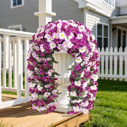 Artificial Hanging Flowers for Outdoors, 2 PCS 272 Blooms UV Resistant Morning Glory Faux Silk Vines, No-Odor Realistic Fake Plants for Garden Planter Porch Patio Decoration, Lotus Lightpurple - Image 2