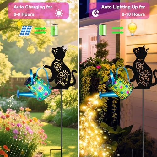 Black Cat Solar Watering Can Lights, Birthday Gifts for Women Mom Christmas, Yard Decorations Outdoor Waterproof, Blue Metal Hanging Lantern Solar Lights Garden Decor Patio Pathway, 2 Pack - Image 3