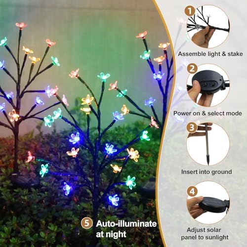 Solar Garden Lights Outdoor Garden Decor, 2 Pack Cherry Blossom Solar Flowers Outdoor Waterproof Fairy Solar Lights, Outside Yard Decorations for Patio Pathway Decor, Gardening Gifts for Women Mom - Image 2