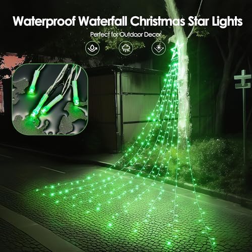 WBao 344 LED Christmas Lights Outdoor Decorations with 12" Star Topper, 11.9ft Waterfall Christmas Lights, Remote Control 8 Modes, 3 Timers, UL Listed Waterproof for Tree Roof Porch Xmas Decor, Green - Image 4