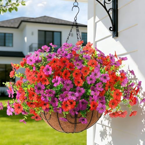 Artificial Flowers Hanging Baskets, 12 Bundles Faux Flower Outdoor Hanging Basket Spring Summer Decoration, Fake Flowers Plants for Porch Patio Balcony Home Yard Decor(Light Purple Red) by HommyeaArtificialFlowers