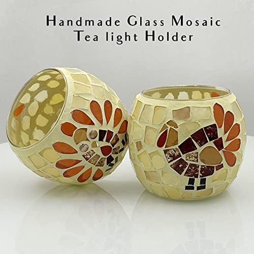 SHMILMH Thanksgiving Votive Candle Holder Set of 4, Mosaic Glass Tealight Holders with Turkey for Fall Table Centerpiece Fireplace Party Decorations - Image 6