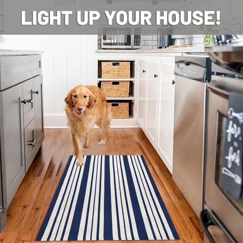 IOHOUZE 2.3x3.6 Striped Outdoor Door Mat, Washable Porch Rug, Navy White - Image 3