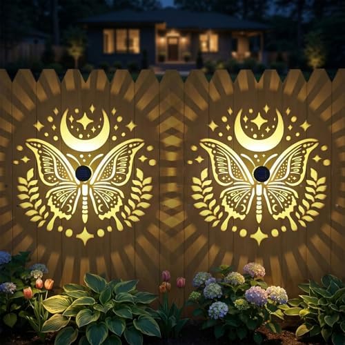 Gardsee Solar Fence Lights Outdoor 2 Pack Deck Step Wall Lights Butterfly Metal Waterproof LED Warm Yellow Light for Garden Post Patio Backyard Yard Decor (Black 1) by Gardsee