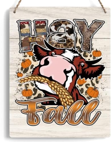 FREHVN Fall Decorations for Home Office Front Door Decor Signs, Fall Sign, Fall Decor, Hay Fall Western Cow Sign, Autumn Wall Hanging Decor 8 X 10 Inch by FREHVN