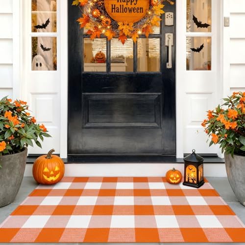 IOHOUZE Fall Buffalo Plaid Door Mat 27.5x43, Washable, Orange White by iOhouze