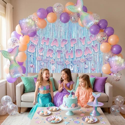 JOYIN Mermaid Princess Birthday Party Decoration Set, 76PCS Under the Sea Party Supplies with Banner, Foil Latex Balloons, Spiral Swirls and Tinsel Curtains for Girls, Kids Birthday Party Supplies - Image 3