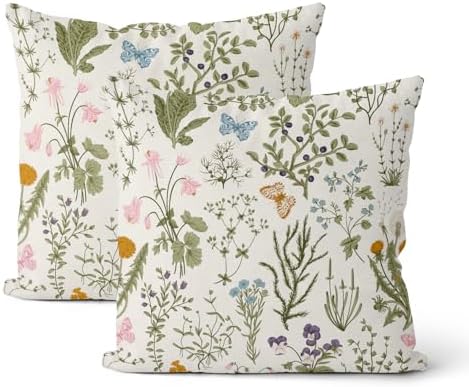Sage Green Pillow Covers 18x18 Inch 2 Pcs Spring Green Wild Flower Decor Throw Pillows Vintage Floral Botanical Seasonal Summer Outdoor Decoration Pillowcase Linen Cushion Cover for Couch Sofa by DAFENA